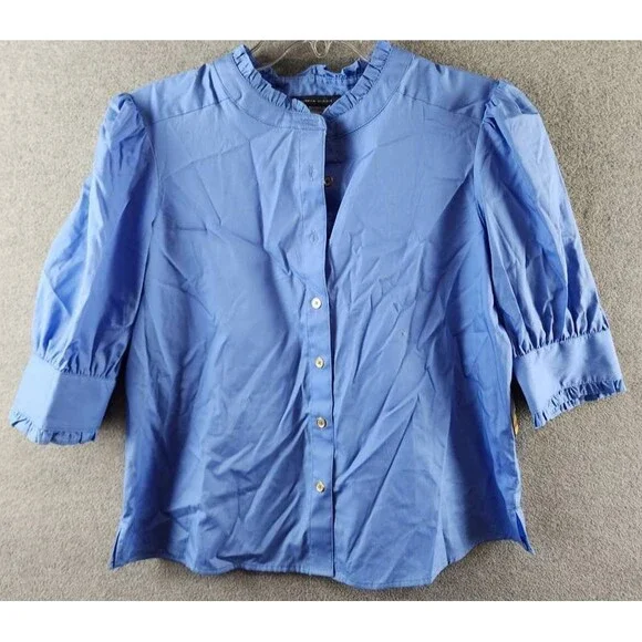 Tommy Hilfiger Puff-Sleeve Blouse Women's M Blue Ruffle Collar Button Closures - Picture 5 of 15